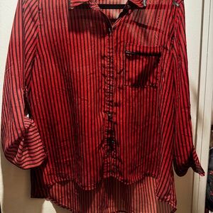 Red & Black sheer top with embellishments, size large